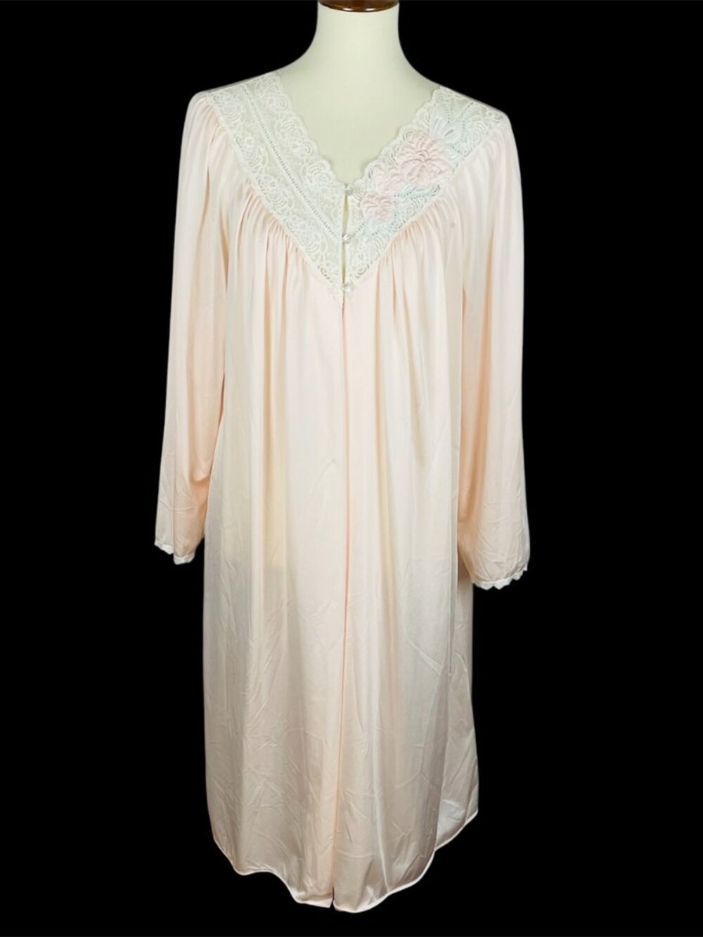 Vtg Shadowline Peignoir Robe Sz L Peach Lace Floral Applique Boudoir Romantic
